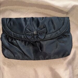 Vintage Black Magic Elegant Black Satin Clutch Rhinestone Bow Detail Cord Strap